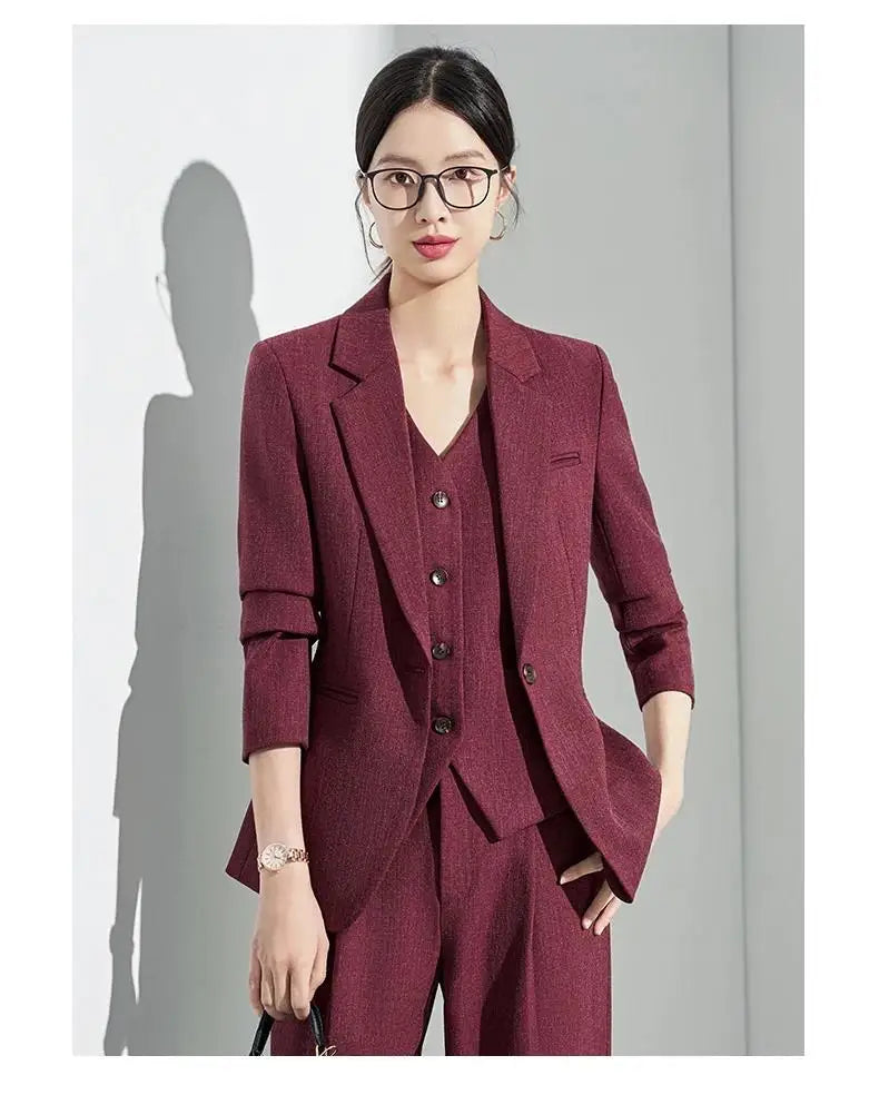 Formal Office Lady Slim Fit 2 Piece Suits Autumn Dark Brown Single Button Blazer And Pants Elegant Business Female Work Wear