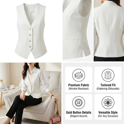 Women's Formal Business Vest Sleeveless Tailored Button Up Waistcoat Professional Office Outerwear Top Slim Fit Professional