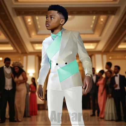 Boys Color Block 2 Piece Suit Set Double Breasted Blazer with Pants Formal Wedding Party Prom Attire Stylish Children's Suit
