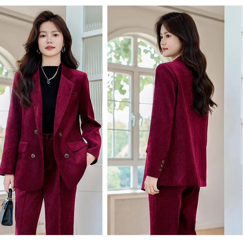 Pleuche Women Suits Office Sets 2024 Autumn New Fashion Notched Double Breasted Blazers Vintage Casual Wide Leg Pants Suits