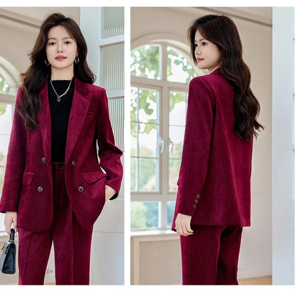 Pleuche Women Suits Office Sets 2024 Autumn New Fashion Notched Double Breasted Blazers Vintage Casual Wide Leg Pants Suits