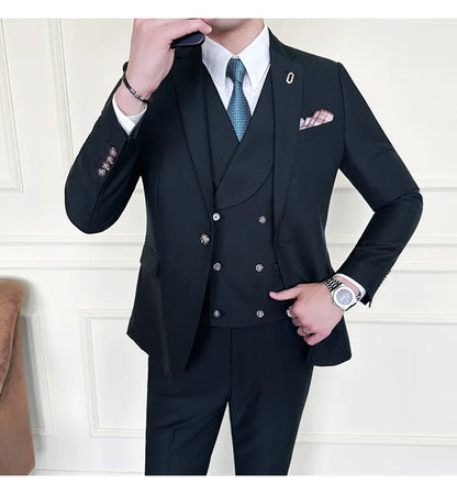 (Jackets+Pants+Vest) High Quality Men Slim Fit Party Tuxedos 3 Pieces Fashion Double Breasted Vest Design Business Wedding Suit