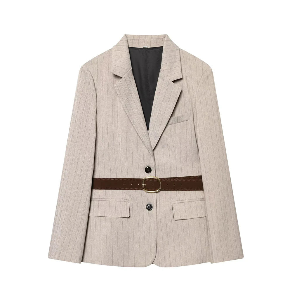 Women Khaki Striped Blazer Jacket Y2k 2000s Vintage Suit Coat Long Sleeve Single Breasted Oversize Outerwear Spring Autumn 2025