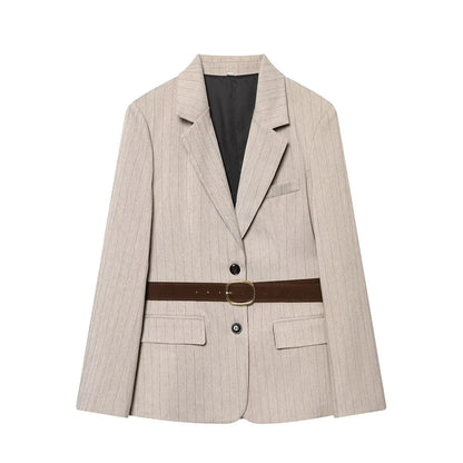 Women Khaki Striped Blazer Jacket Y2k 2000s Vintage Suit Coat Long Sleeve Single Breasted Oversize Outerwear Spring Autumn 2025