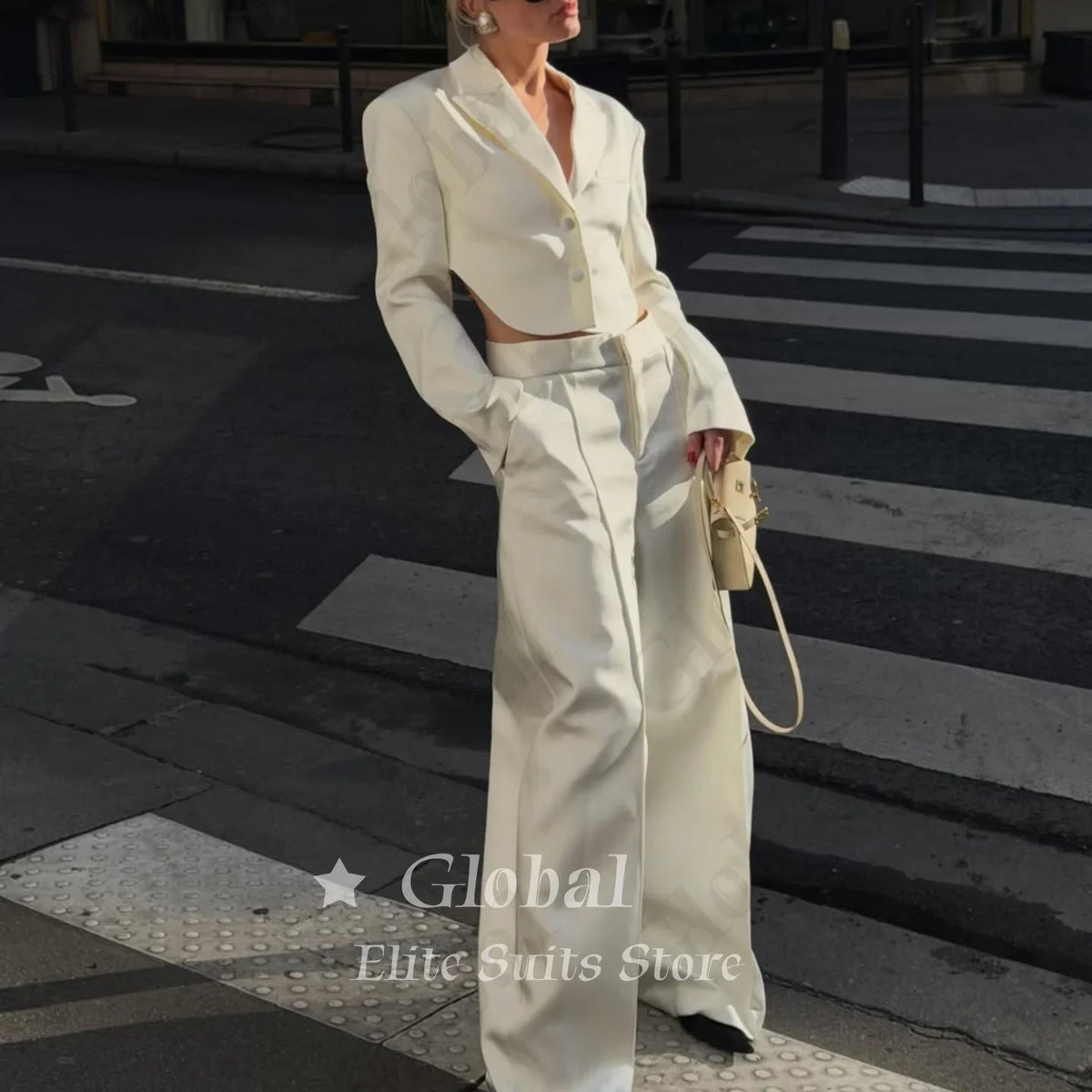 Women White Cropped Blazer 2 Piece Suit Backless Cutout Satin Wide Leg Pants Set Party Wedding Streetwear Formal Customized