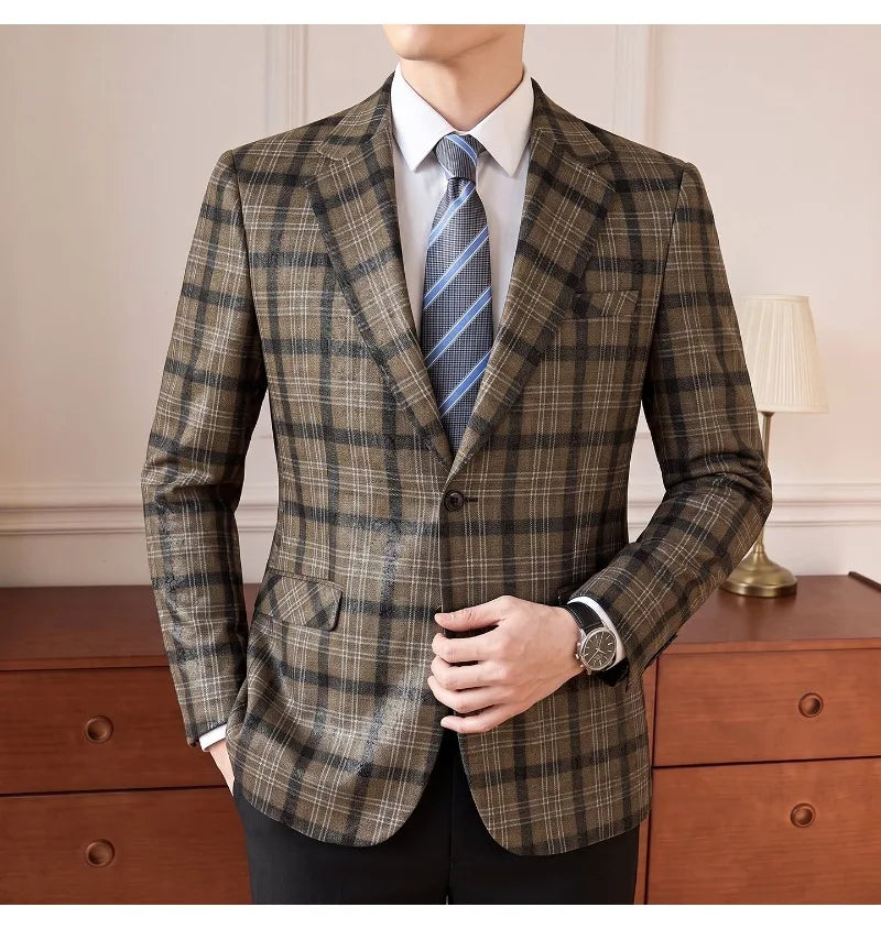 High Quality Autumn Retro Casual Suit Jacket for Men Faux Leather Business Social Wedding Blazers Office Groom's Formal Coats