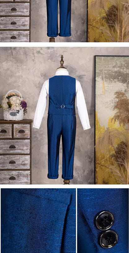 Children Shiny Blue Suit For Wedding Boys Formal Ceremony Tuxedo Dress Teenager Kids Photograph Blazer Party Performance Costume