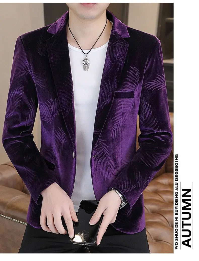 Blazer Men's Fashion Business Gentleman Groom Professional Gentleman Casual Velvet Bamboo Leaf Flower Dress High-end Blazer