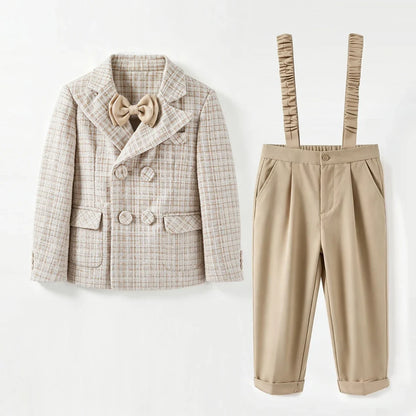 Baby Boys Gentleman Tweed Suit Set Kids Flower Boy Wedding Formal Wear Double Breasted Blazer Khaki Pants Bow Tie Birthday Party