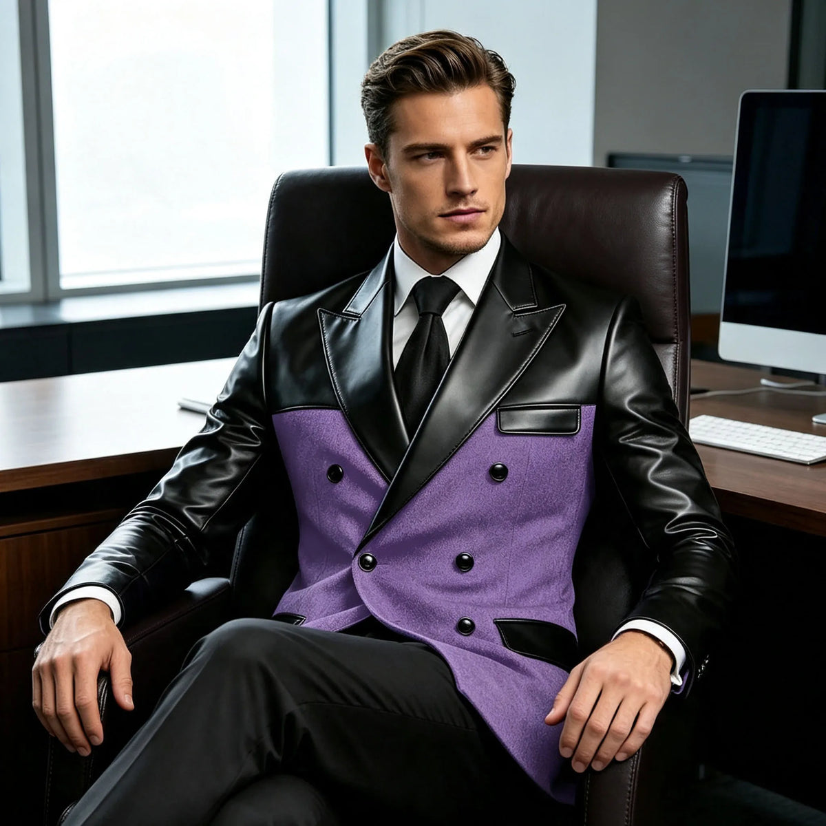 Men's Double Breasted Suit Blazer with Leather Patchwork for Weddings and Formal Events