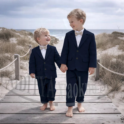 Beige Linen 2 Pieces Boys Suit Jacket Pants Kids Ring Bearer Outfit Breathable Summer Beach Wedding Birthday Party Costume