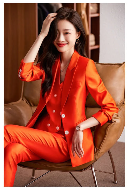 Fashion Elegant Pink High-End Small Business Suit Coat2022Autumn and Winter Elegant Vest Suit Three-Piece Korean Women's Clothin
