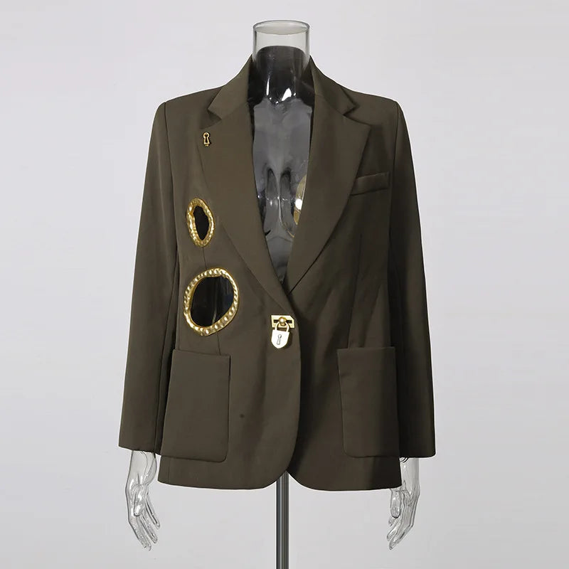 Women Blazer Elegant Fashion Metal Hollow Out Design Long Sleeve Loose Versatile Trendy Suit-Coat Spring Autumn New HK26606