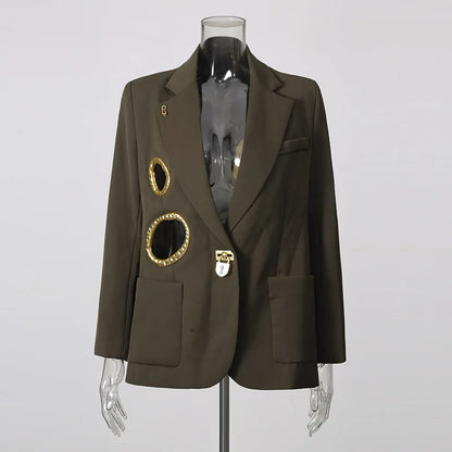 Women Blazer Elegant Fashion Metal Hollow Out Design Long Sleeve Loose Versatile Trendy Suit-Coat Spring Autumn New HK26606