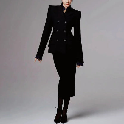Professional Women's Black Blazer+Bodycon Maxi Skirt Set Double Breasted Formal Office Lady Business Suit Two Piece Outfit