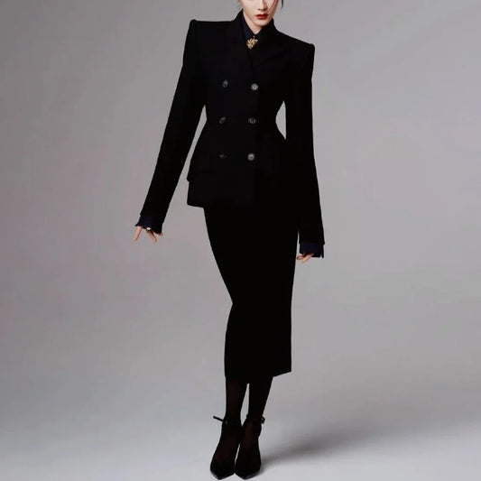 Professional Women's Black Blazer+Bodycon Maxi Skirt Set Double Breasted Formal Office Lady Business Suit Two Piece Outfit