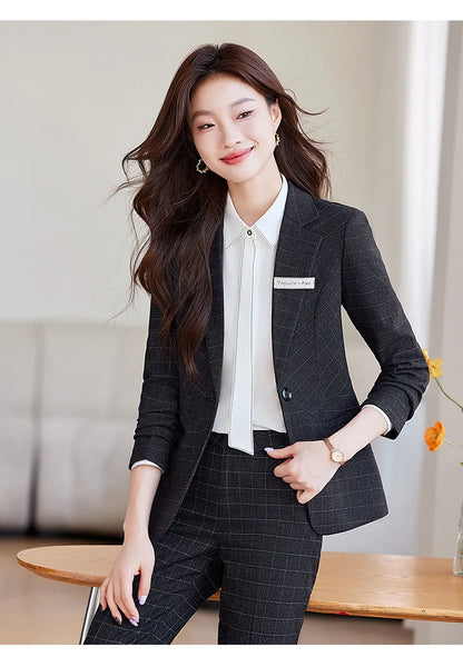 2024 Spring Autumn New Retro Plaid Elegant Blazer Coat And High Waist Pencil Pant Two Piece Set Women's Suit Business Clothing