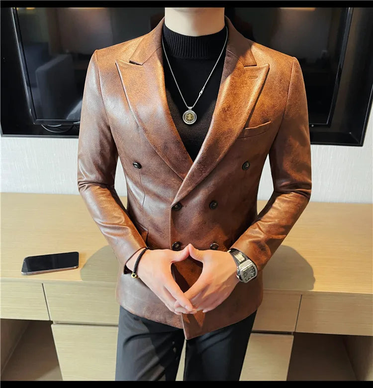 Brand Retro Leather Suit Jacket Men British Style Double Breasted Casual Business Blazers Wedding Groom Party Banquet Jackets