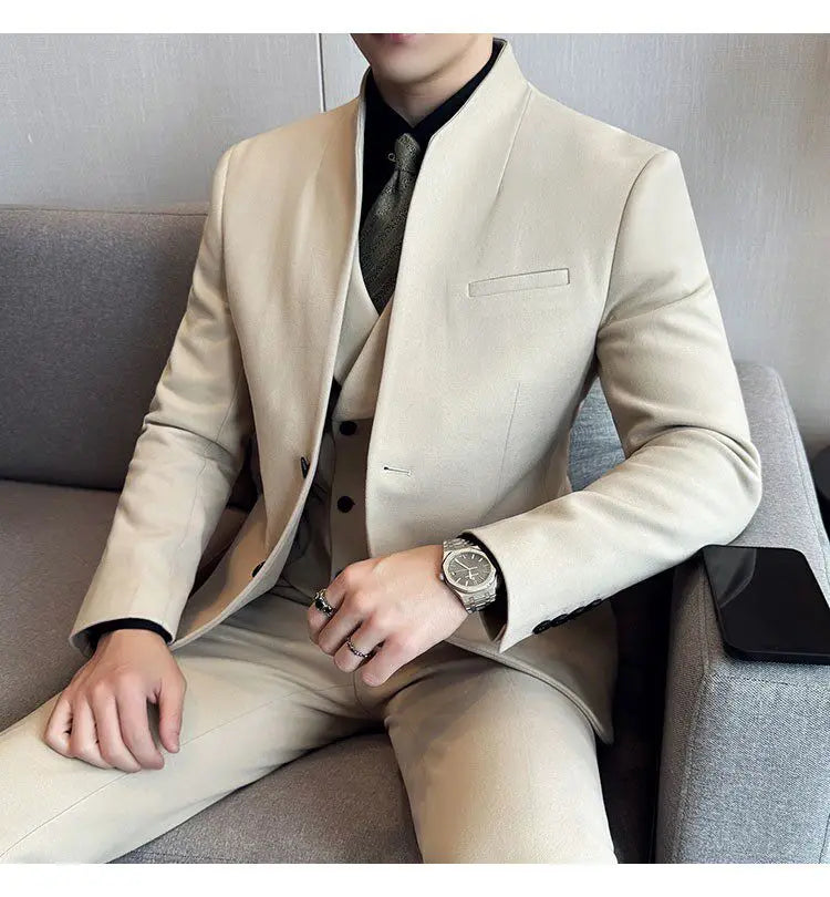 Men's 3-Piece Slim Fit Stand Collar Suit – Wedding, Prom & Office Formal Set