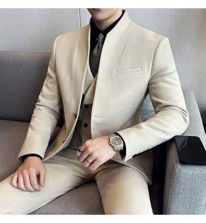 Men's 3-Piece Slim Fit Stand Collar Suit – Wedding, Prom & Office Formal Set