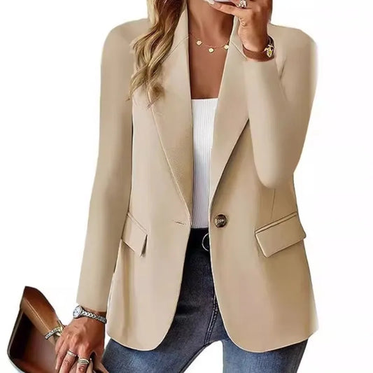 Women's Solid Color Single Button Blazer Autumn Long Sleeve Lapel Office Jacket Slim Fit Casual Workwear with Front Pockets