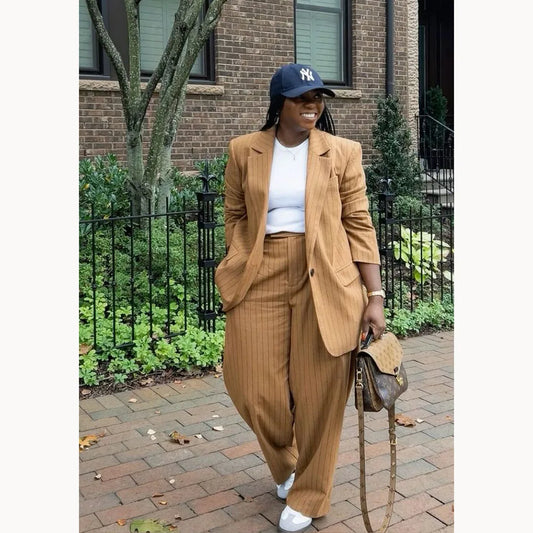 Customized Women's Suits Plus Size Brown Single-breasted Peak Lapel Two Pieces (Jacket+Pants) Casual Daily Striped Female Set