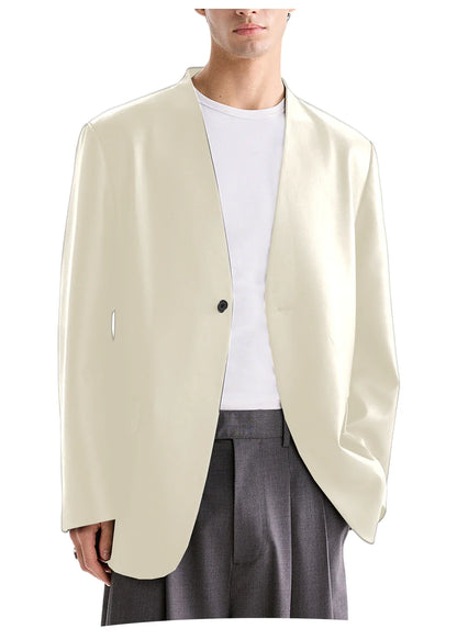 Men's PU Leather Collarless Blazer Single Button Loose Fit Jacket for Wedding Party Office