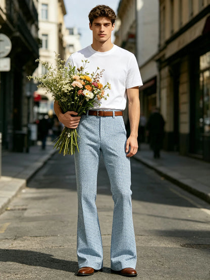 Houndstooth Patten Men Bell Bottom Pants Vintage Adjustable Waist Flared Trousers 60s70s Disco Man Slim Fit Pant For Dance Party