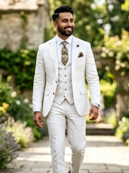 New Linen Men's Suits 3 Pieces Summer Beach Wedding Outfit Casual Breathable Notched Lapel Slim Fit Tuxedo For Birthday Party