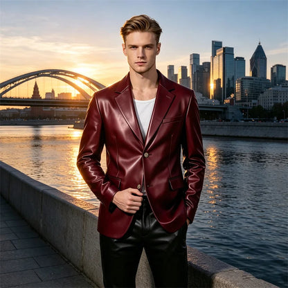 Men's Faux Leather Blazer Single Breasted Slim Jacket Fit Formal Outer Jacket for Business Wedding Party Business Daily Wear
