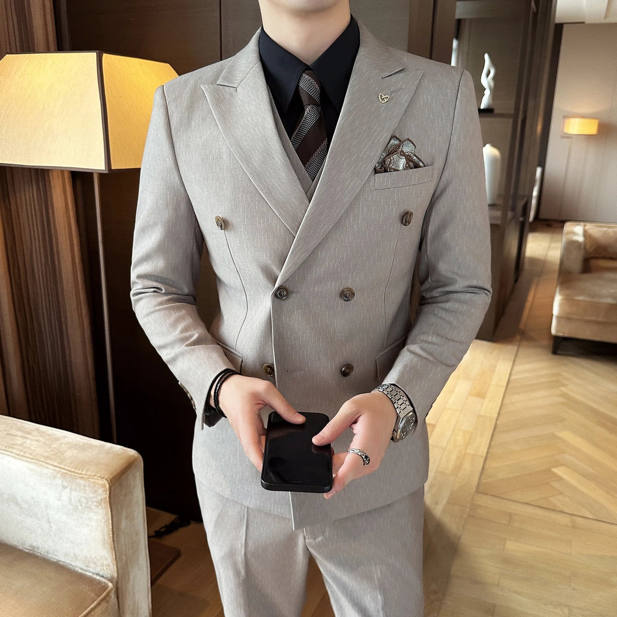 Men's Double Breasted Three Piece Wedding Suit – Slim Fit Smart Casual
