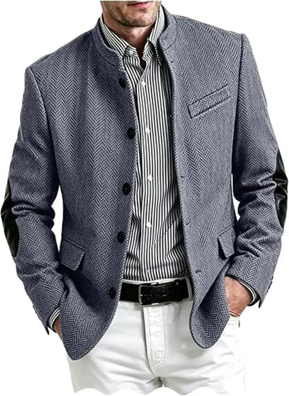 Vintage Men's Mandarin Collar Herringbone Tweed Blazer with Leather Elbow Patch Wool Blend Business Casual Slim Fit Suit Jackets