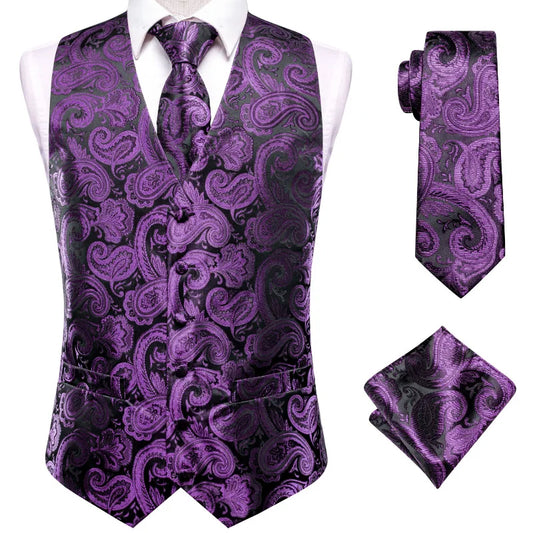Men's Vest 3-Piece Set Double Breasted Paisley Jacquard Waistcoat with Tie and Pocket Square for Formal Occasions