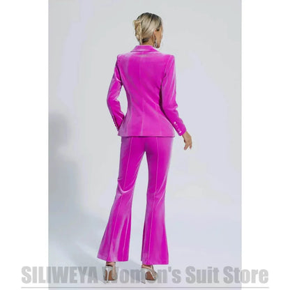 Fashion Velvet Women's Suit 2 Piece Single Button Peak Lapel Office Daily Casual Wear Elegant Formal Evening Party Ladies Suits