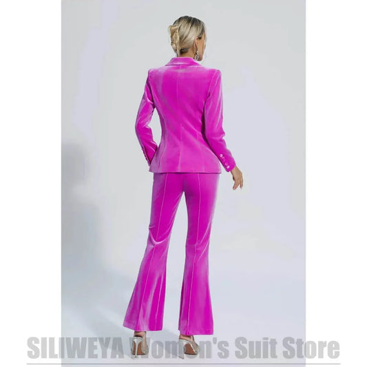 Fashion Velvet Women's Suit 2 Piece Single Button Peak Lapel Office Daily Casual Wear Elegant Formal Evening Party Ladies Suits