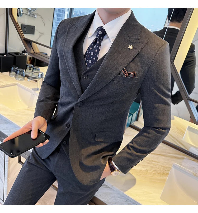(Blazer + Vest + Trousers) 2024 New Men Formal Business Solid Suit 3 Pieces Set Italian Style Luxury Wedding Social Party Tuxedo