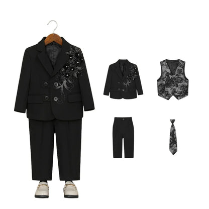 Children's Embroidered Suit Set Flower Boys Wedding Outfit Kids Jacket Vest Pants Tie 4Pieces Birthdy Party Clothes Set