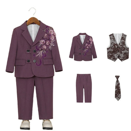 Children's Embroidered Suit Set Flower Boys Wedding Outfit Kids Jacket Vest Pants Tie 4Pieces Birthdy Party Clothes Set