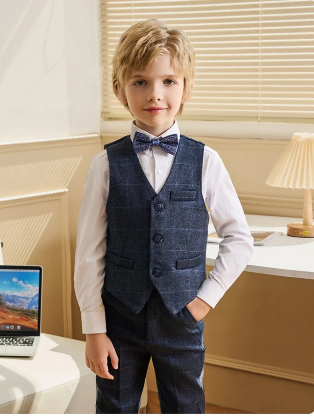 Txjojn Dark Blue Boys Plaid Suit Set 4 Pieces,Formal Long Sleeve Kids Suits For Autumn And Winter,Handsome Children's Tuxedo