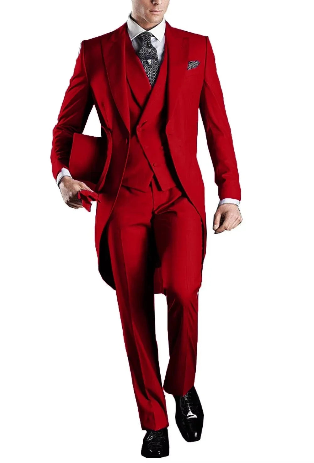 Men's 3-Piece Solid Long Tailcoat Tuxedo Set Formal Wedding Groom Clothing Jacket Pants Vest for Prom Party Fashion Male Suits