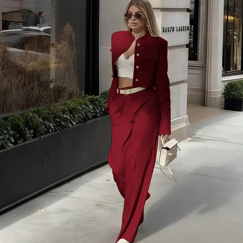 Beige Cropped Blazer Suit Set New Women's Jackets Single Breasted Round Neck Fashion Streetwear Elegant Office Lady Outerwears