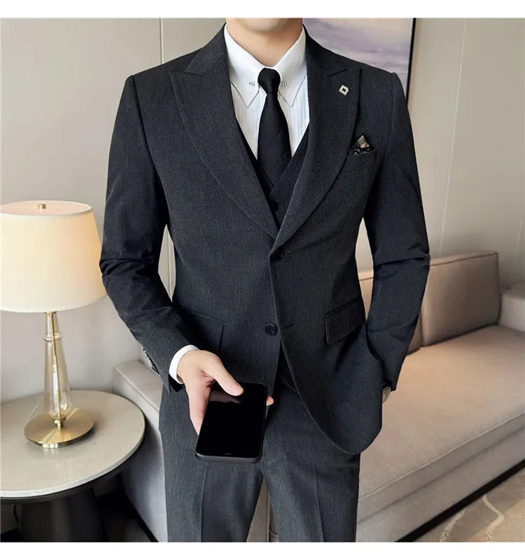 Men's 3 Piece Suit Set Double‑Button Solid Color Slim Fit Business Casual Wedding Banquet Party Jacket Vest Pants Formal Outfit