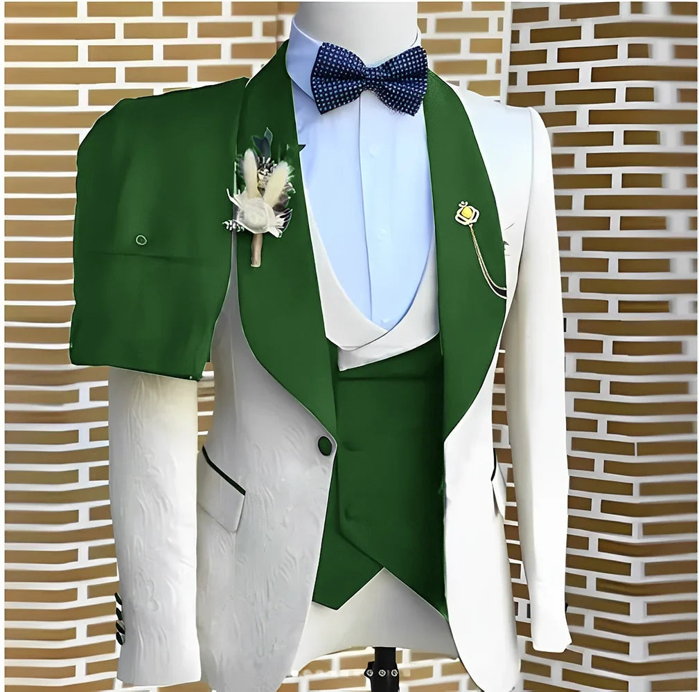 White Jacquard Elegant suits Men For Wedding Formal Jacket Vest Pants 3 Pieces Groomsman Tuxedos Tailored Male Fashion Clothing