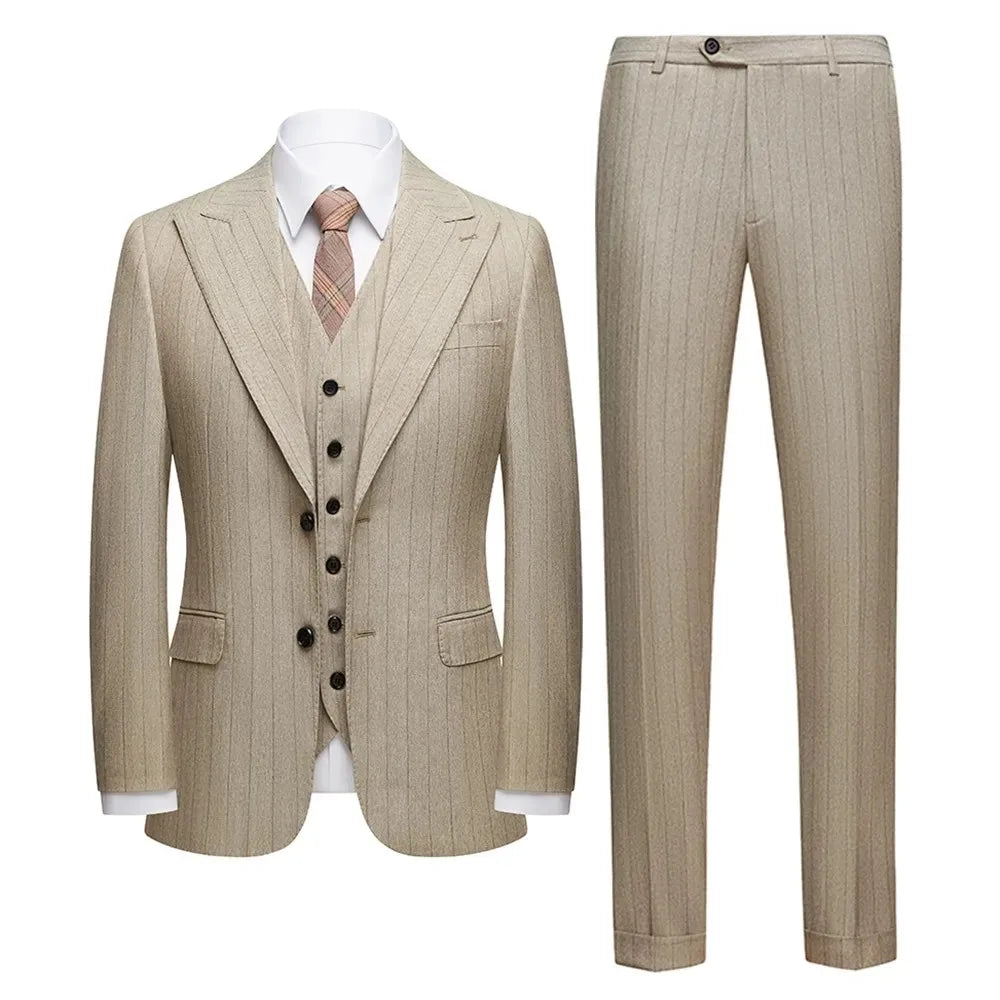 Men's Three-Piece Slim Fit Striped Suit – England Style, Wedding & Business, Dark Grey/Khaki