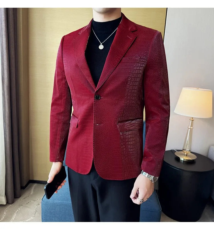 2026 Crocodile Patterned Leather Suit Jacket Men Slim Fit Business Casual Leather Jacket Wedding Groom Party Work Men Blazers