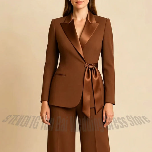 Green Women Suit Bow Belt Blazer Suit Satin Peak Lapel Straight Leg Pants Two Piece Outfit Evening Wedding Guest Formal Suit