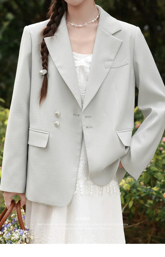 Blazer Jacket Loose Fit Lapel Collar Double Breasted Button Long Sleeve Woven Preppy Korean Casual Women Clothing L62257