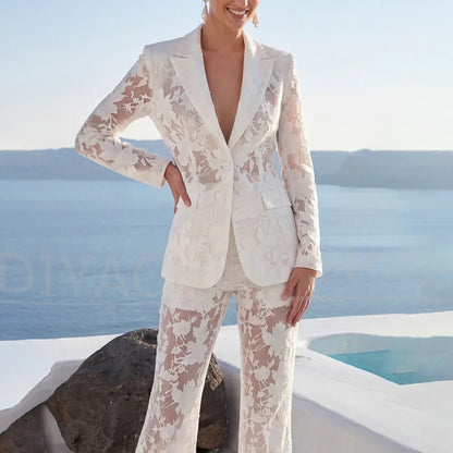 White Floral Lace Women Suit Fashion Blazer and Pants Elegant Formal Wedding Evening Party Cocktail Luxury Two Piece Outfit
