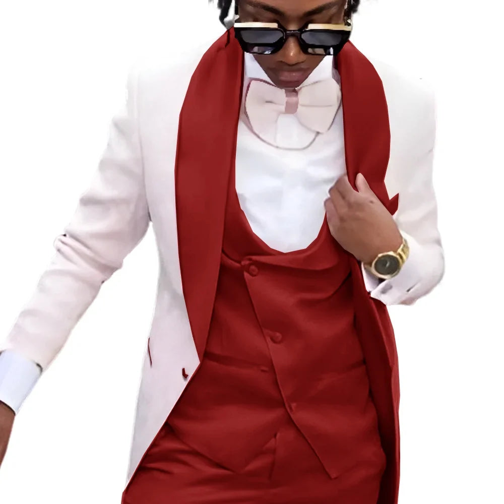Fashion Men's Suit 3 piece Suit White Jacket Khaki Vest Pants Wedding Tuxedo Groom Tailored Suit Blazer for Men Slim Fit Outfit