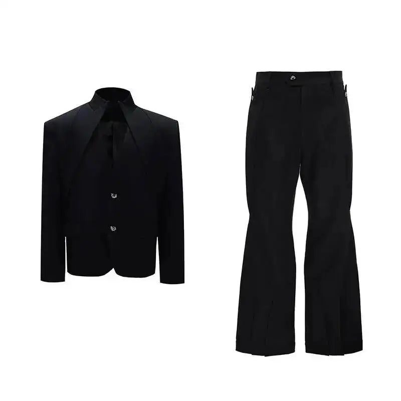 2026 Spring Patchwork Design Cross Collar Solid Color Casual Jacket Men Fashion Elegant Temperament Straight Pants JY6553